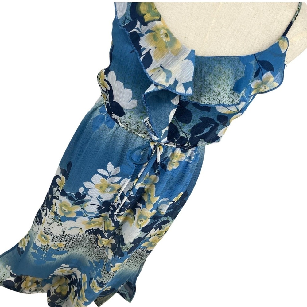 B Darlin Blue Floral Ruffle Maxi Dress Juniors Size 3/4 Ethereal Flowy Botanical